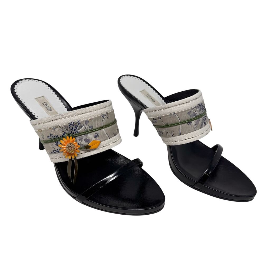 Prada Vintage Floral Embroidered Mule Flower Appliqué Heel IT 37 Y2K